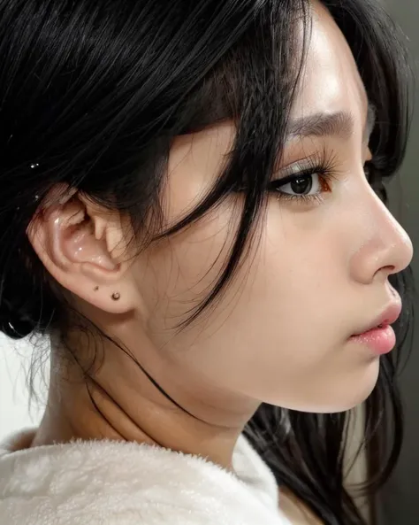 a close up of a woman with a white sweater and a black hair