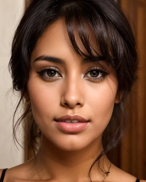 a close up of a woman with a necklace on her neck