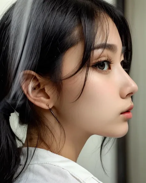 a close up of a woman with long black hair and a white shirt