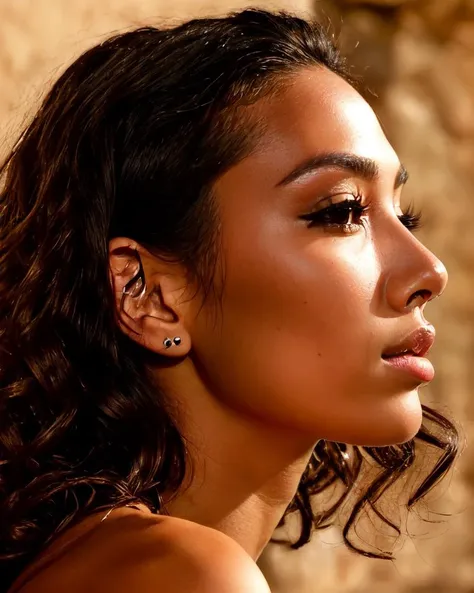 a close up of a woman with ear piercings on her head