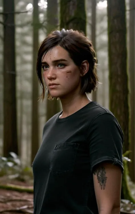 photo of ohxw, ellie, tattoo on left arm, woman, black jeans, skinny, short hair, face details, forest, low key lighting, <lora:2ellie-000003:1>