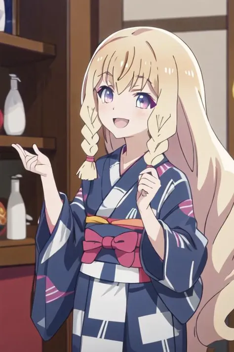 best quality, masterpiece, highres, solo, {yukata:1.40}, {kimono:1.20}, {noire_foschurose_kumakumakumabear:1.15}, blonde_hair, long_hair, braid, bow, hair_bow, bangs, twin_braids, purple_eyes, smile, blush, open_mouth