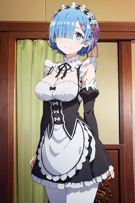 a close up of a woman in a maid outfit standing in front of a door