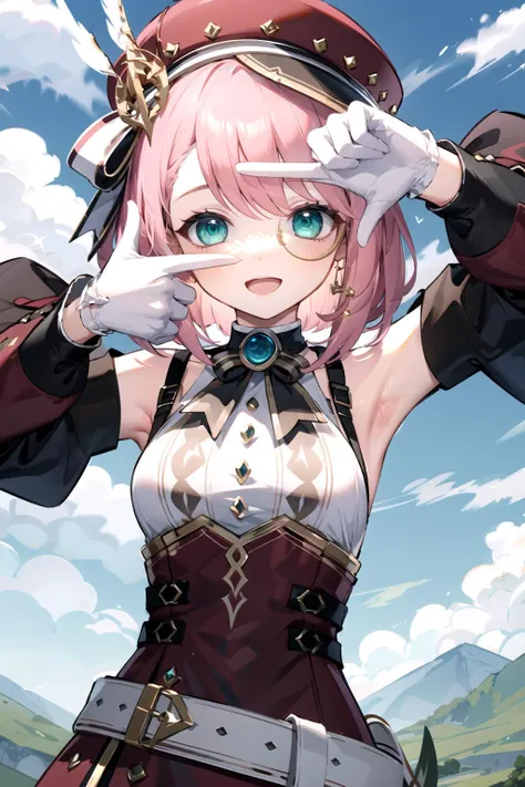 masterpiece, best quality, ultra-detailed, extremely detailed,illustration, 1girl,finger frame, hat, pink hair, gloves, bare shoulders, belt, green eyes, detached sleeves, white shirt, monocle, short hair, jewelry,ribbon, hat feather, smile, open mouth, me...