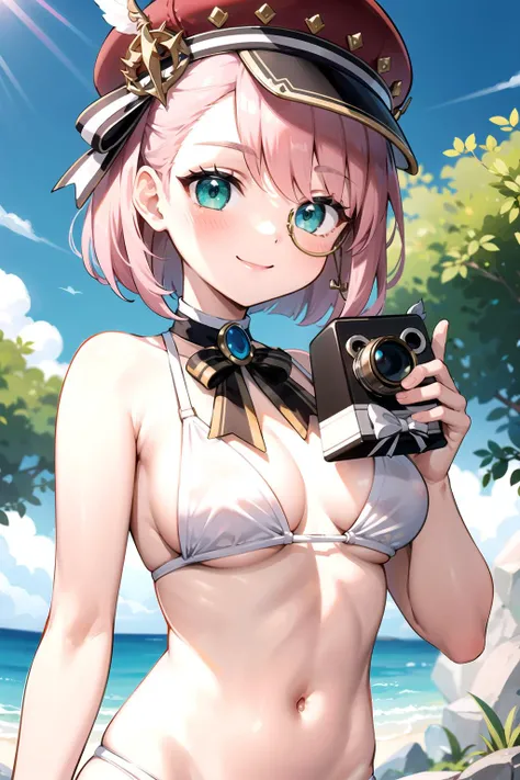 masterpiece, best quality, ultra-detailed, extremely detailed,illustration, 1girl, white bikini, bare arms, hat, pink hair, green eyes, monocle, short hair, jewelry, navel, blush, smile, holding camera, blue sky, outdoors, upper body,  <lora:Charlotte-v2:0...