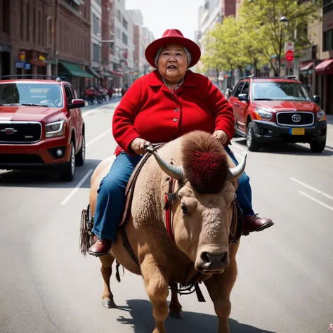 fat old women, riding a red bison, in the street, detailed face, detailed body, realistic, ultra detailed