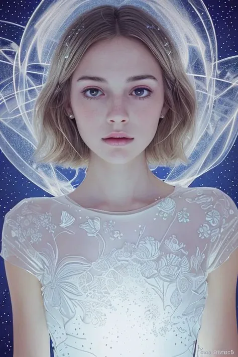 ethereal fantasy concept art, fantasy artwork, intricate artwork, sketch, minimalism, clear lines, (double exposure:1.2), (close-up face:1.2), 1girl, short blonde hair, (extremely luminous translucent:1.2), (white dress, silhouette), (stars, floral pattern...