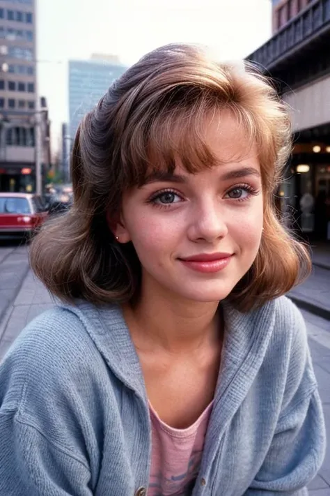 (((daily life))) closeup portrait of a beautiful female, (1985 (hairstyle, clothing, cinematography and lighting))1.2, skinny, (freckles)0.5, dark eyes, chiseled face, light smile, blushing, dimples, visiting-places-all-around-the-city, waist shot, pov fac...