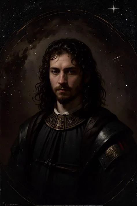 a portrait of john of the black bands facing the death, soft painting, constellations and nebulae in the background, rembrandt style, elegant, highly detailed, artstation, concept art, matte, sharp focus, art by tom bagshaw, casimir art, kelogsloops and gr...