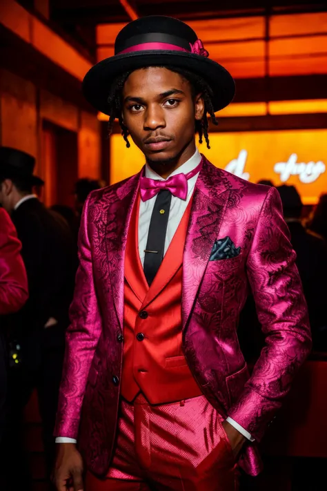 stunning natural post-apocalyptic neon color raw portrait, (sfw) senegalese 1boy, as a pompous dancer, (brocade shirt, pants, bow tie, bowler hat:1.2), indoors in a steamy (red night club, dark and moody, red mood lighting, red color tint, dark reddish sha...