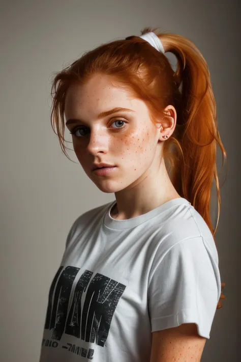 (8k, RAW photo, highest quality), beautiful girl, close up, t-shirt, (detailed eyes:0.8), (looking at the camera:1.4), (highest quality), (best shadow), intricate details, interior, (ponytail, ginger hair:1.3), dark studio, muted colors, freckles <lora:epi...