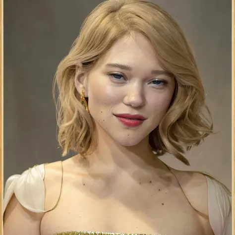 a professional photograph of lea_seydoux, <lora:lea_seydoux_01_768_286samples:1>, wearing an elegant white dress with gold accents, (red lipstick:1), long hair, smiling