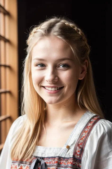 a photo portrait of a beautiful Finnish girl wearing traditional clothes, (smile, happy), (face portrait:1.5), dramatic light , Rembrandt lighting scheme, (hyperrealism:1.2), (8K UHD:1.2), (photorealistic:1.2), shot with Canon EOS 5D Mark IV, detailed face...