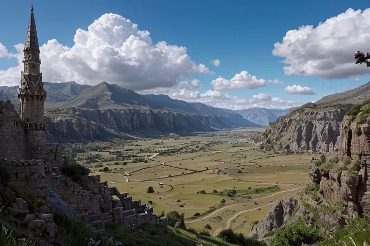 a valley filled with warring fantasy armies. Swords and sorcery, big magic spells,  Blue skies, Clouds,