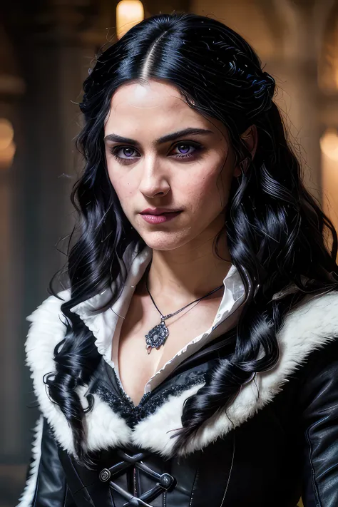 a portrait of Anya Chalotra as Yennefer of Vengerberg, long wavy ((black hair)), wearing black doublet with white accents, cowl, fur trim, cinematic lighting, Canon 5D Mark II, 8k, ultra realistic