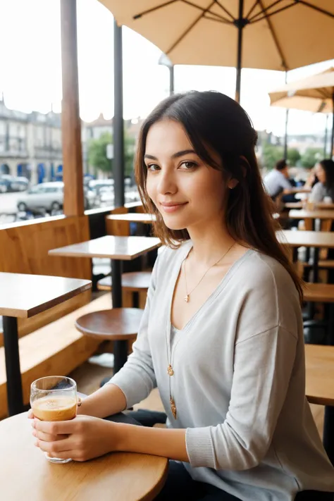 a woman sitting in a cafe,  ((best quality)), ((masterpiece)), (detailed)