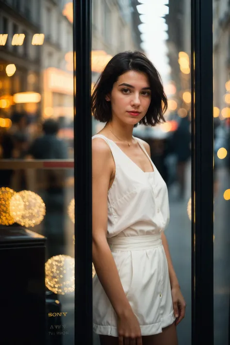 Street photography photo of a stylish French girl, with short hair, capturing her reflection in a storefront while window-shopping, upper body framing, on a quaint Parisian street, with neon lighting from shop signs, shot from a high angle, on a Sony A7111...