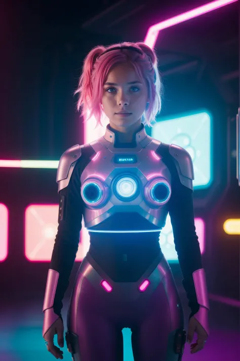 (Abstract:1.3) photo of a futuristic girl, with pink hair, interacting with holographic interfaces, full body framing, in a sci-fi inspired setting, under neon lighting, on a RED digital cinema camera, with a bokeh filter, (in the style of Hayao Miyazaki:1...