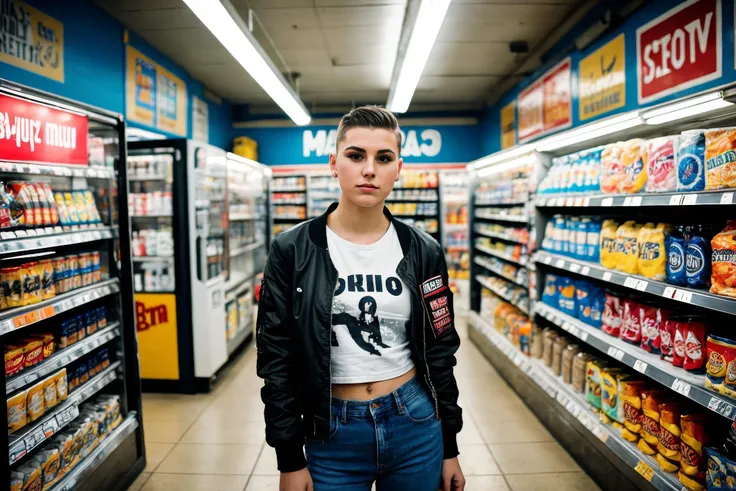 candid photography photo of a 23 year old european woman, upper body, undercut hairstyle, fit body, punk shirt, jeans, bomber jacket, inside convenience store, under bounced light, on a Fujifilm X-T4