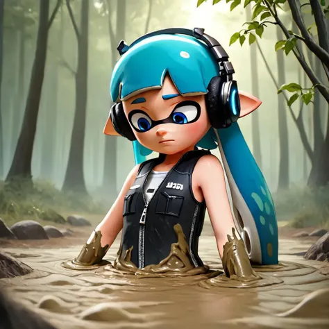 score_9, score_8_up, score_7_up, score_6_up, score_5_up, high quality, masterpiece, 4k, dynamic lighting,  soft lighting, soft shadows, 3D, render, 1girl, solo, short, big head,  inkling partially submerged in Quicksand, mud, muddy vest, blue hair, pale sk...