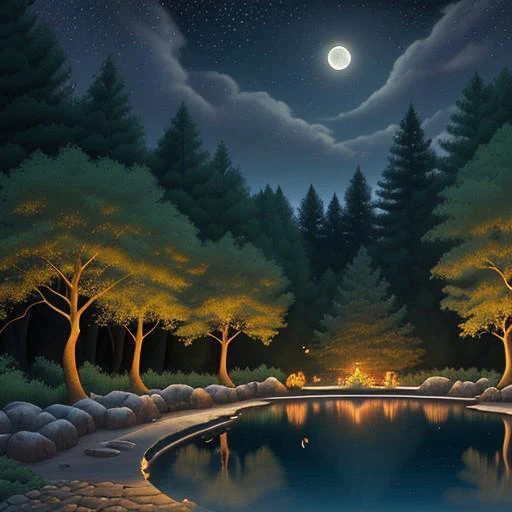 A serene forest clearing bathed in the soft light of the full moon. Tall trees surround the clearing, their leaves glowing silver in the moonlight. In the center, a group of forest animals—deer, foxes, and owls—gather peacefully around a glowing pool of wa...