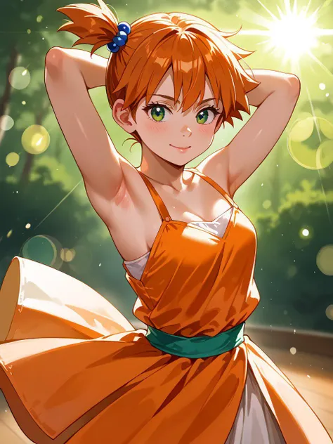 score_9, score_8_up, score_7_up,
 <lora:Misty_Pokemon_PDXL:0.8>1girl, petite ,zzMisty, green eyes, orange hair, short hair, side ponytail,
(A girl with flawlessly styled bob, dancing with a vibrant expression, against a soft sunset glow. Highly detailed wi...