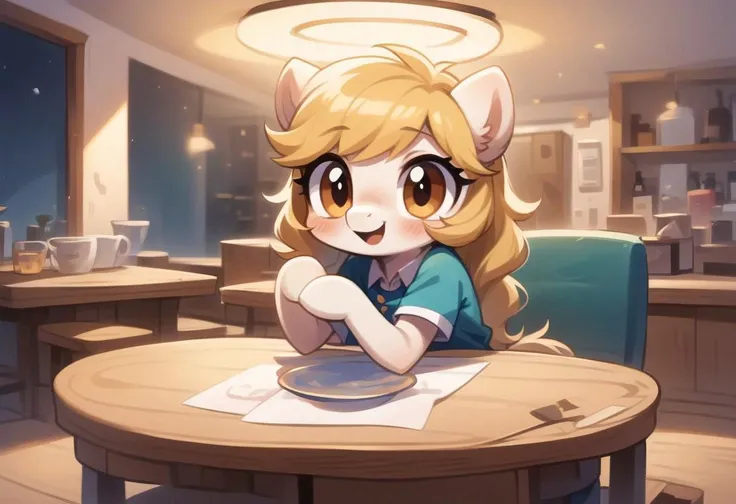 cute, very cute, gigant eyes, puppy eyes, hoofs, hoofs, score_11_and_up, source_pony, 1girl, solo, indoors, anthro, dramatic lighting, in casino,  cold lighting, view from a distance,
Applejac sitting at a cafe table.  cute, very cute, big eyes, halo,
Dist...