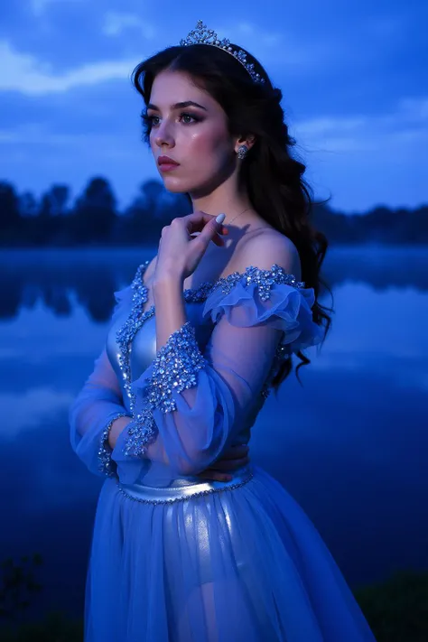 portrait of a beautiful woman,


The image features a captivating woman standing by a tranquil lake at twilight. The sky is a deep indigo with soft lavender hues, reflected in the calm water. A light mist rises, adding a sense of mystery.

The woman wears ...