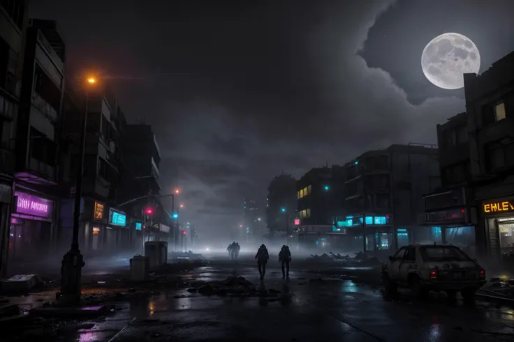 dark futuristic scenery, atmospheric fog, moonlight, futuristic city, dirty streets, trash on street, run down buildings, (postapocalyptic city:1.3)