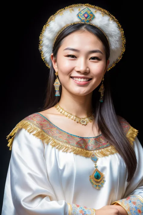 a photo portrait of a beautiful Kazakh girl wearing traditional clothes, (smile, happy), (face portrait:1.5), dramatic light , Rembrandt lighting scheme, (hyperrealism:1.2), (8K UHD:1.2), (photorealistic:1.2), shot with Canon EOS 5D Mark IV, detailed face,...