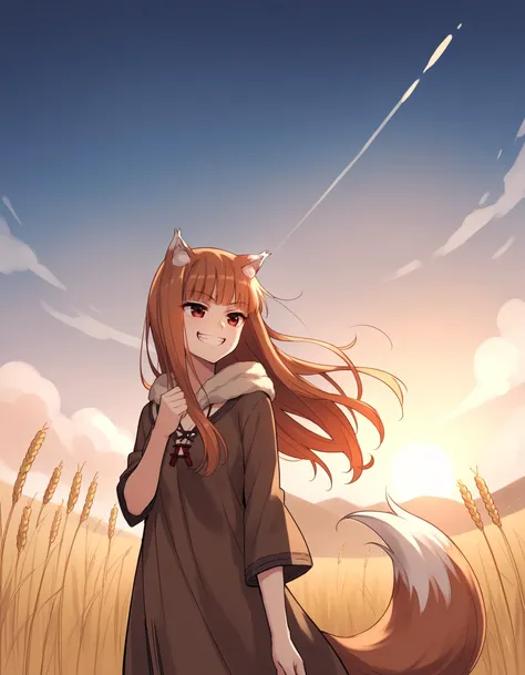 score_9, score_8_up, score_7_up, score_6_up, score_5_up, score_4_up, source_anime, 1girl, thin body, medium breasts, holo, spice and wolf, orange hair, red eyes, blunt bangs, long hair, wolf ears, wolf tail, brown robe, brown cloak, sun, sky, wheat fields ...