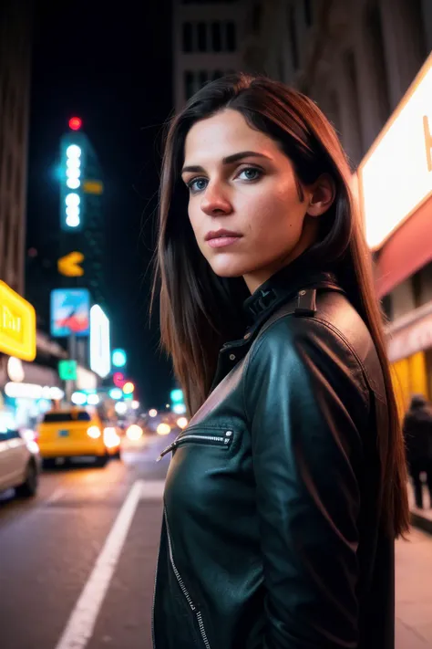 a close up of a woman in a leather jacket on a city street