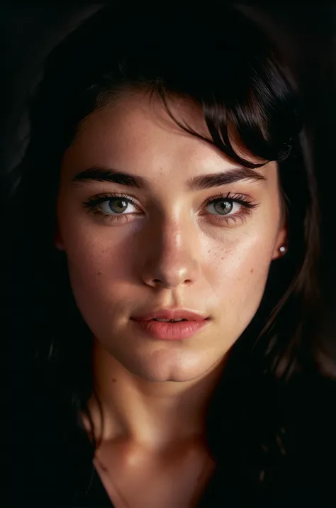 a close up of a woman with a black shirt and a black background