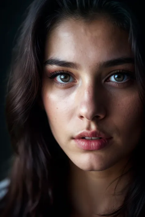 a close up of a woman with long hair and a white shirt