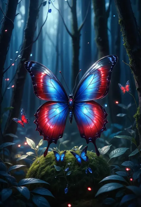 (medium full shot) of (graceful butterflies) with ruby red transparent wings, sapphire blue body, long and slender antennae, tin...