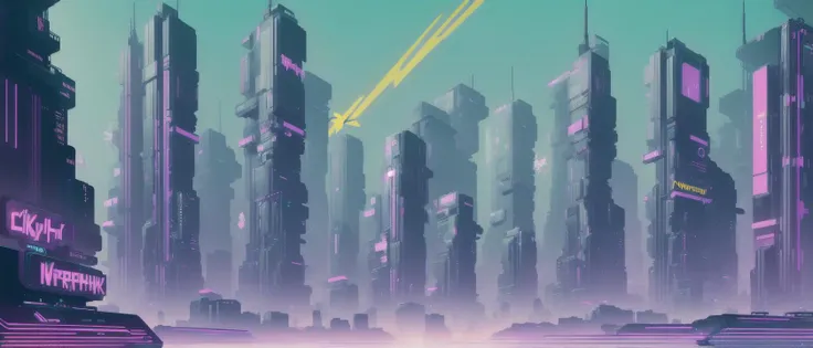 (front view), orthographic, ((cyberpunk 2077)), town, (city:1.3), (skyscrapers:1.5), dirty, grunge, high saturated, epic, neon, smog, fog, cybernetic, computers, futuristic, 
art,  2d art, (flat:1.5), illustration,  (solid colors), drrrible, (minimalism:0....