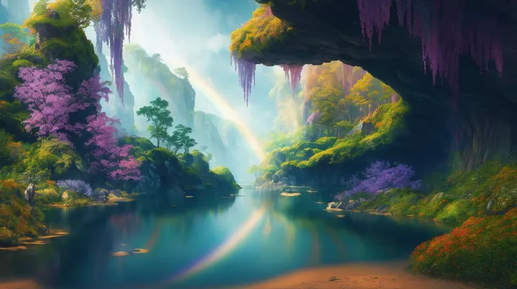 masterpiece, best quality, high quality, extremely detailed CG unity 8k wallpaper, Fantasy landscape, lush forest, magical elf forest, blue and purple dominated color space, enchanted meadows, mysterious caves, hidden waterfalls, rainbow skies, celestial l...