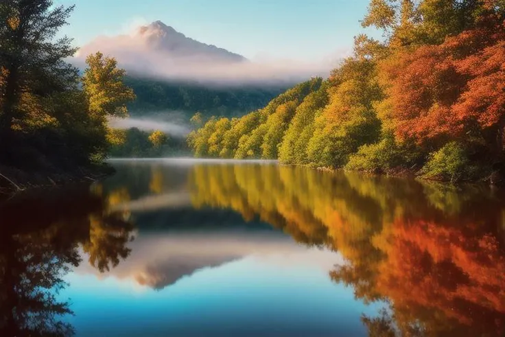 masterpiece, best quality, high quality,extremely detailed CG unity 8k wallpaper, A tranquil and peaceful scene, featuring a serene lake nestled among rolling hills and surrounded by a verdant forest, with a misty morning fog that adds an air of mystery an...