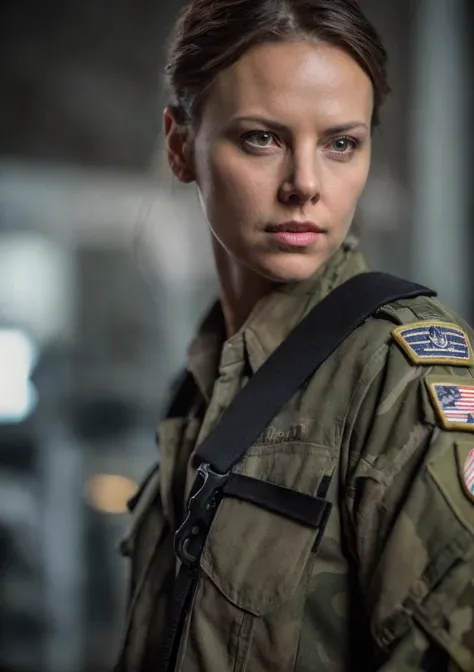 model style,wide frame photo ((full length)) of a sexy girl US Air Force pilot resembling Charlize Theron in her youth, complex, high detail, dramatic, elite military, real world, fantasy place, combat environment, soldiers in harsh harsh conditions, explo...