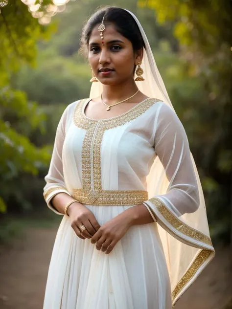 anupa in white dress with gold embroidery and gold thread