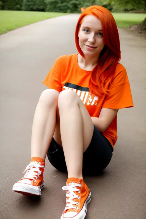 a woman with orange hair sitting on the ground with her legs crossed and her legs crossed, wearing red converse shoes, face toward camera, Constance Gordon-Cumming, pokemon, a stock photo, bauhaus