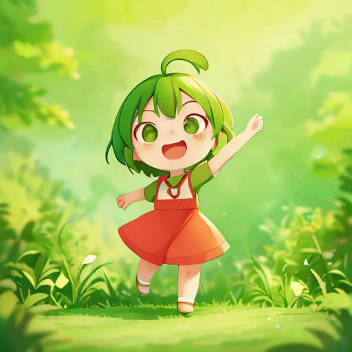 1girl, full body, chibi, green short hair, outdoor, red dress, green pants, ahoge, open mouth, standing, arms behind back, smiling, spoken exclamation mark, <lora:COOLKIDS:1> <lora:blindbox_V1Mix:1>