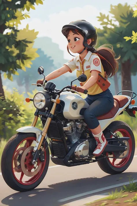 anime girl riding a motorcycle on a road with trees in the background