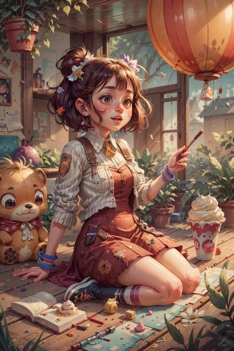 A 20 y.o woman sitting on a giant ice cream, which is adorned with vibrant colors, delightful frosting, and rainbow sprinkles. She holds an oversized waffle cone, shimmering candies. Floating around her are some small balloons, each tied to a petite candy....