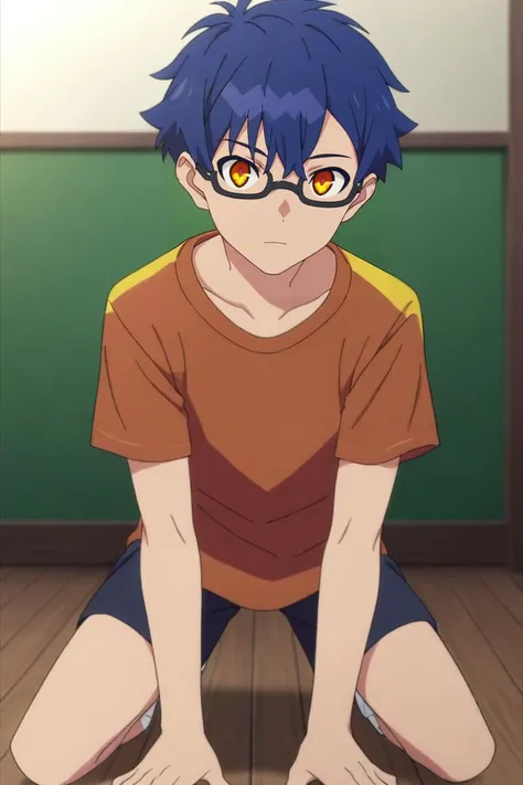 a boy with glasses sitting on the floor in front of a green wall