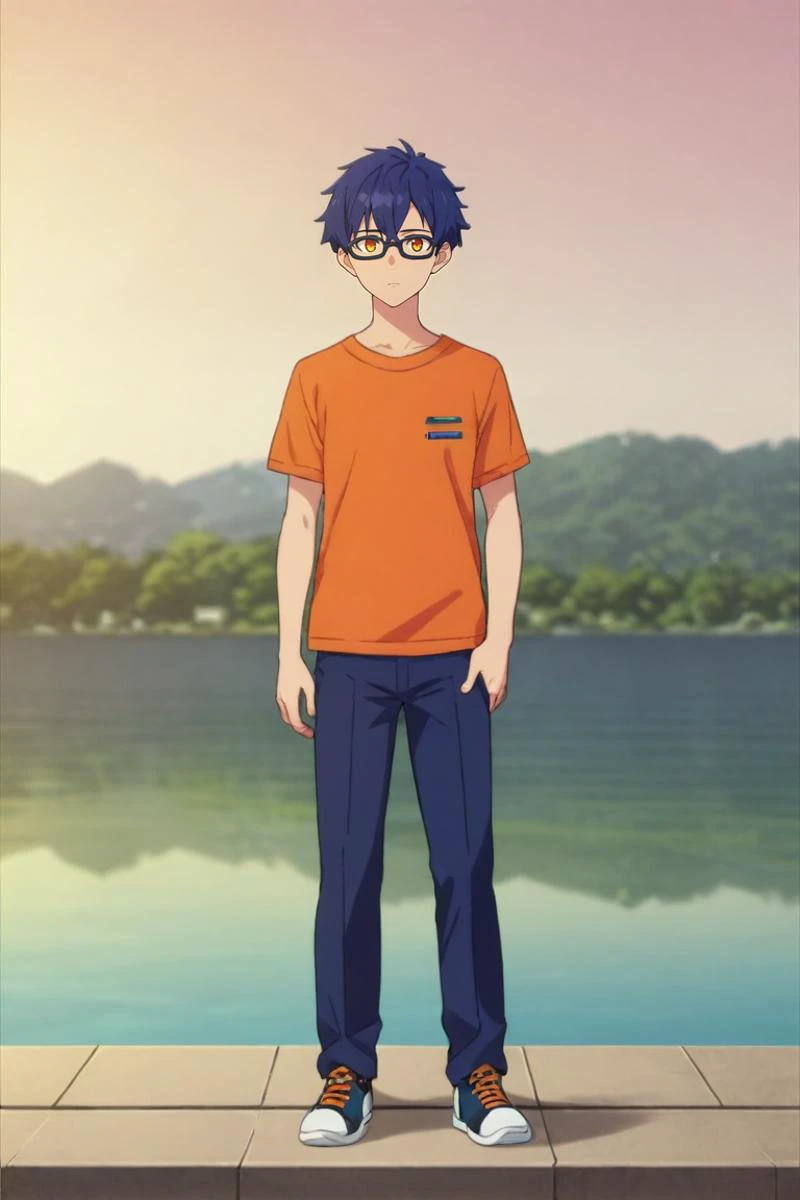 a cartoon boy standing on a dock next to a lake