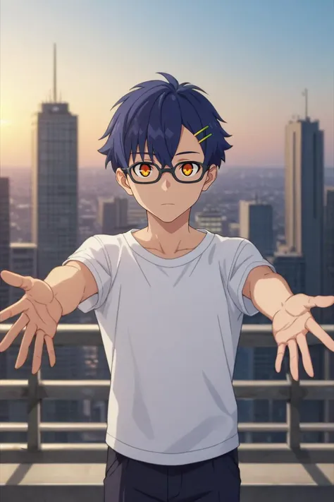 a man with glasses standing on a roof with his arms outstretched