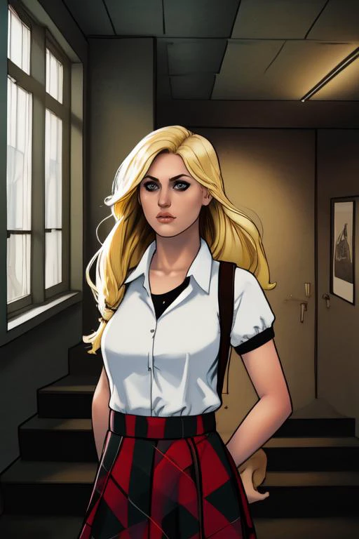 masterpiece, 1girl, black eyes:1.5, nose, blonde hair, medium breasts:1.5, two-tone hair, eyeliner, closed mouth, looking at viewer, long hair, wearing a highschool uniform, plaid skirt, background: school staircase, windows, solo, (((upper body))), <lora:...