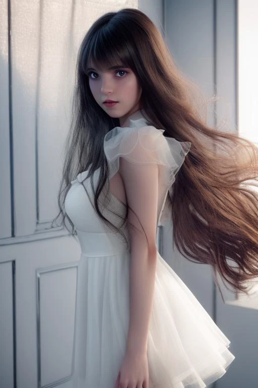 a close up of a woman with long hair standing in a room