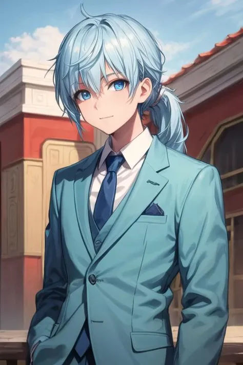 masterpiece, best quality, high quality, 1boy, solo, male focus, looking at viewer, upper body, <lora:seisyun_ri:0.66>, seisyun_ri, blue hair, long hair, ponytail, blue eyes, formal, necktie, dress shirt